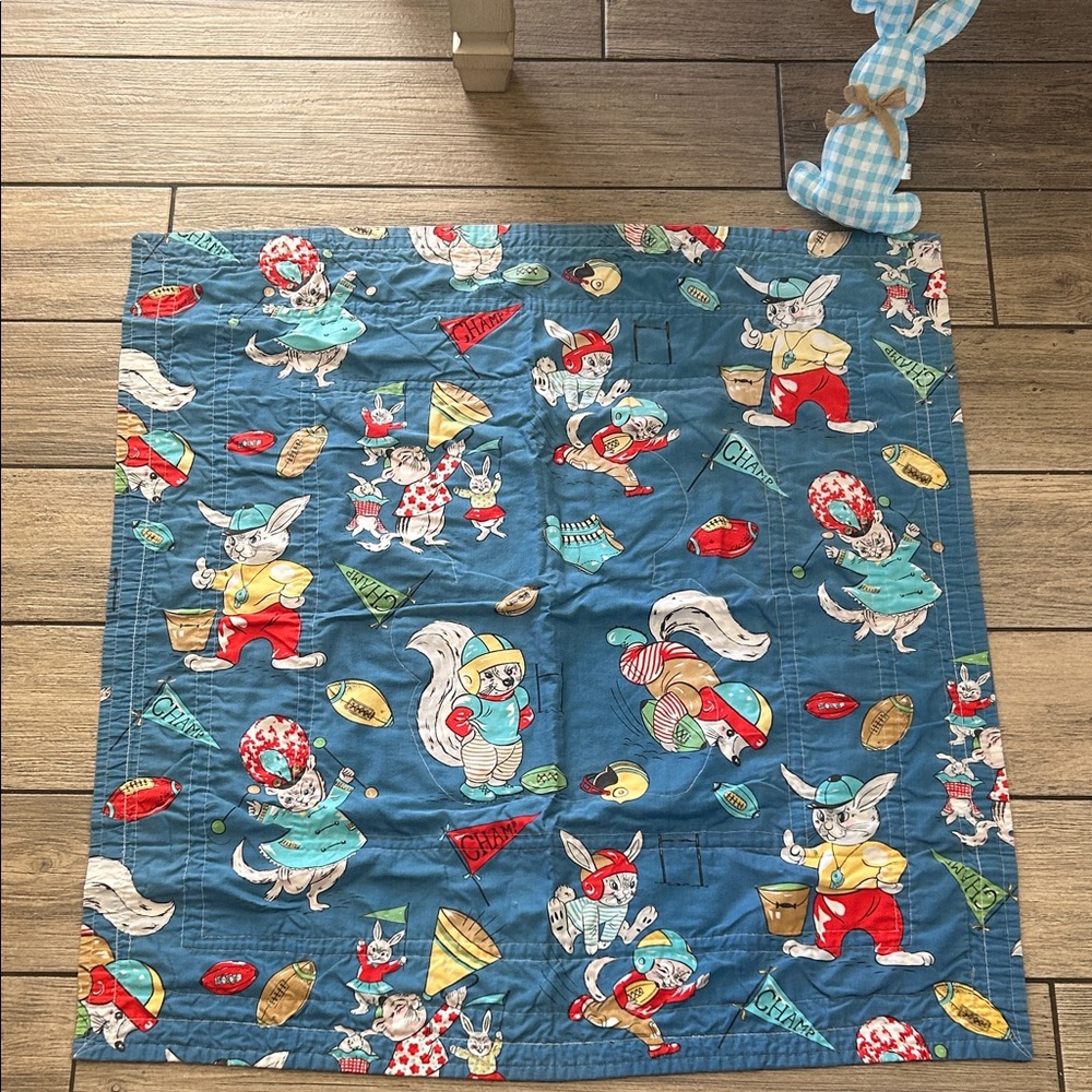 VINTAGE Bunny & Squirrel Print 70’s Blue Handmade Football Baby Quilt